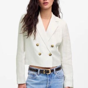 NWT MADEWELL Double-Breasted Crop Blazer in 100% Linen White NV041 6